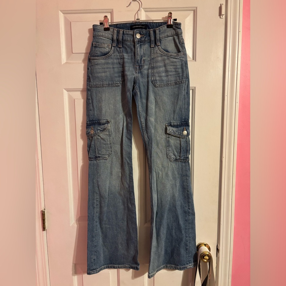 Aeropostale Women's Flare Cargo Jeans - Light Blue